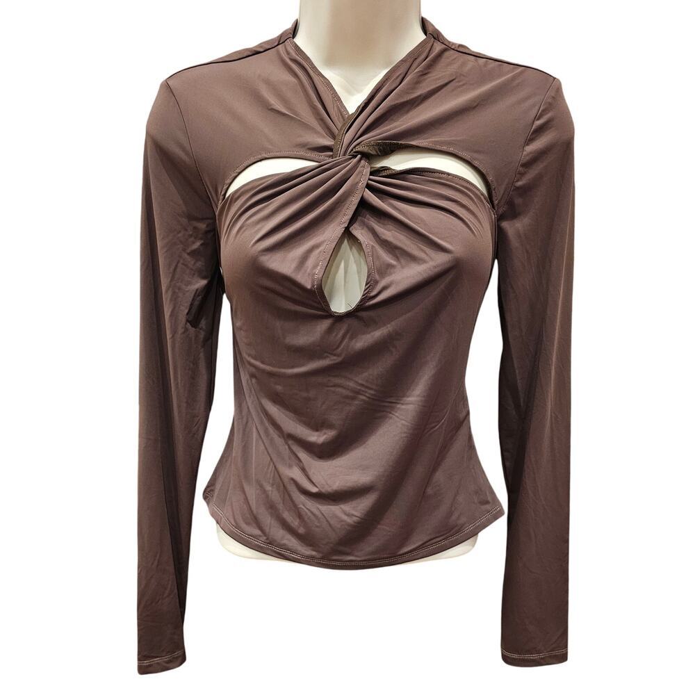 Louna slinky cut out stretch sexy long sleeve top sz M chocolate brown FLAW